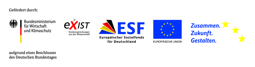 Logos Bundesministerium für Wirtschaft und Klimaschutz Exist Gründerstipendium Europäischer Sozialfonds für Deutschland Europäische Union Zusammen Zukunft Gestalten